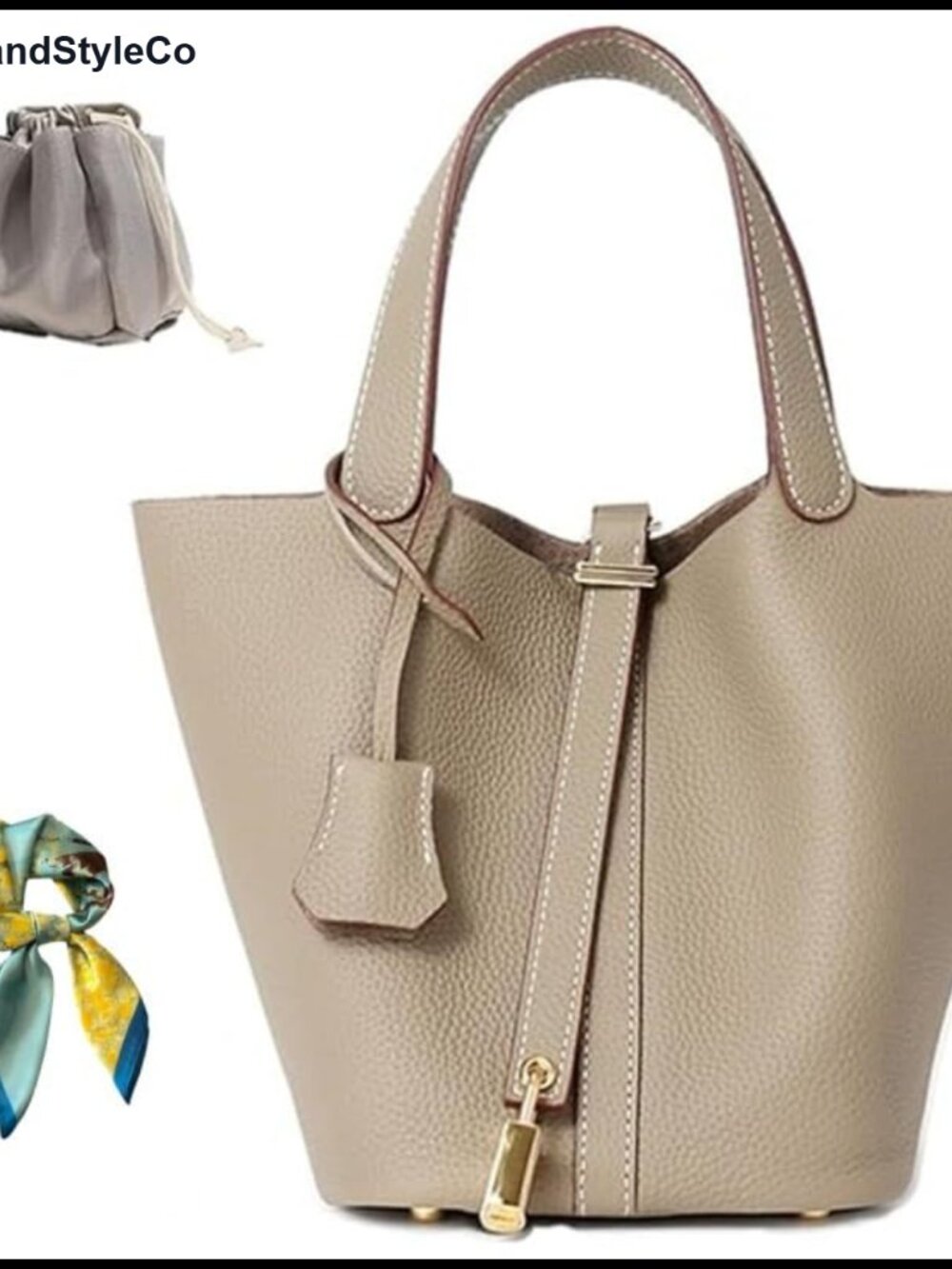 Genuine Leather Bucket Bag Lock Design Shoulder Handbag Top-Handle Tote